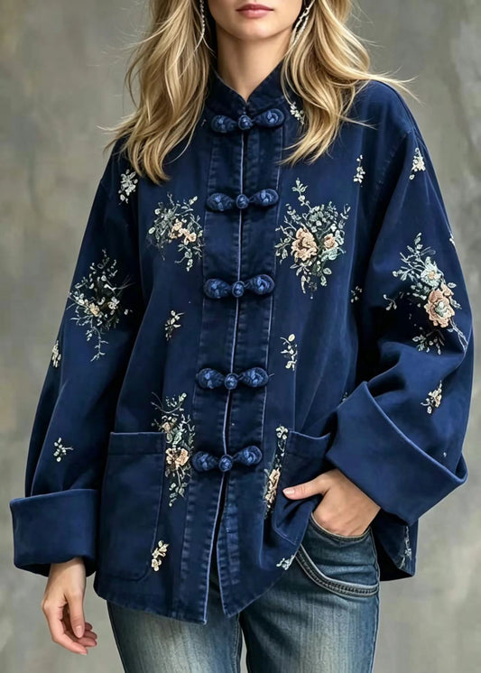 Chinese Style Blue Stand Collar Frog Buttons Pockets Sequins Floral Coats Fall