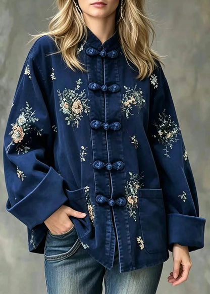 Chinese Style Blue Stand Collar Frog Buttons Pockets Sequins Floral Coats Fall