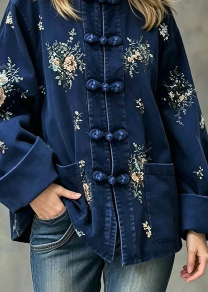 Chinese Style Blue Stand Collar Frog Buttons Pockets Sequins Floral Coats Fall