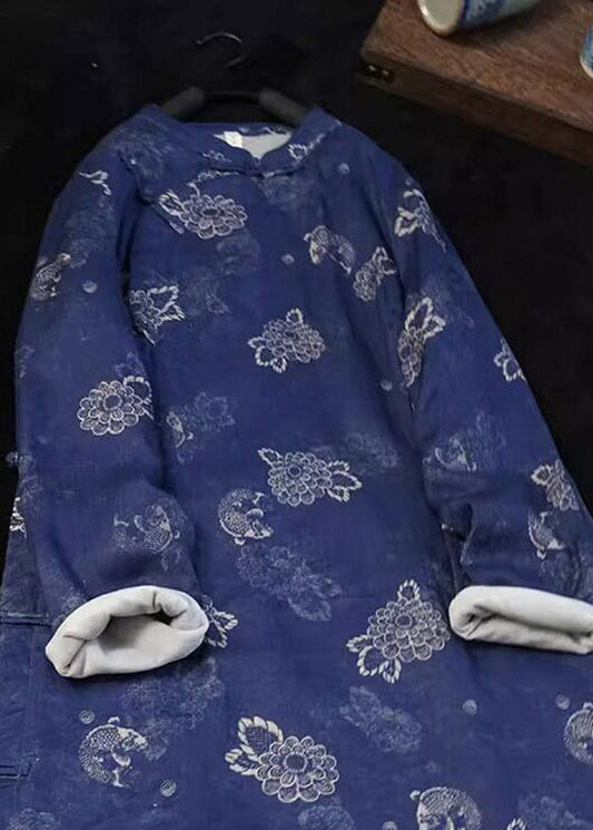 Chinese Style Blue Stand Collar Print Button Long Parka Winter