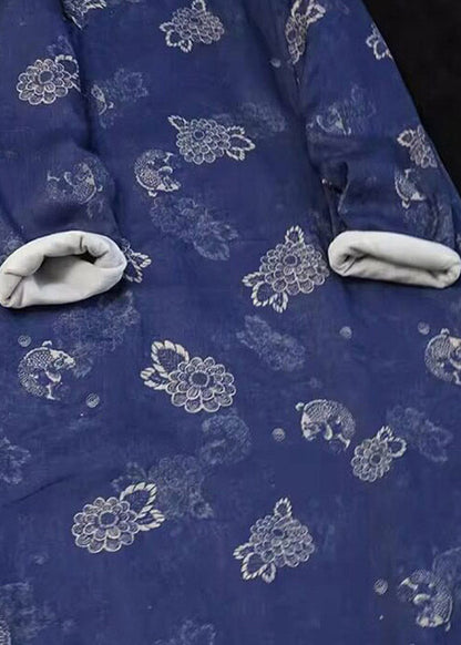 Chinese Style Blue Stand Collar Print Button Long Parka Winter