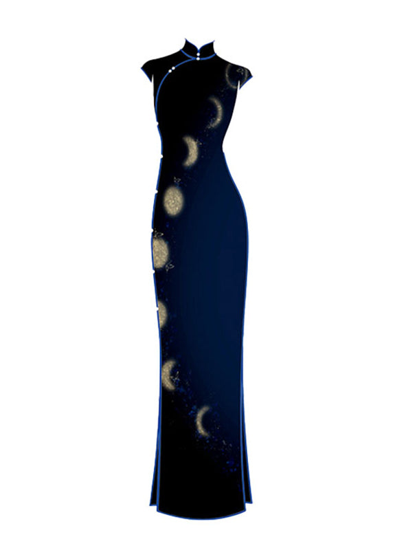 Chinese Style Blue Stand Collar Print Long Dress Short Sleeve