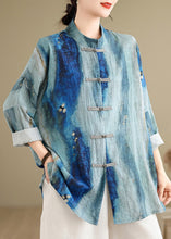 Load image into Gallery viewer, Chinese Style Blue Stand Collar Tie Dye Shirt Long Sleeve
