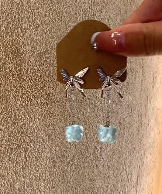 Chinese Style Blue Sterling Silver Butterfly Gem Stone Drop Earrings