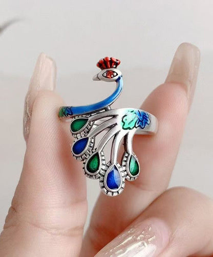 Chinese Style Blue Sterling Silver Cloisonne Ename Peacock Rings