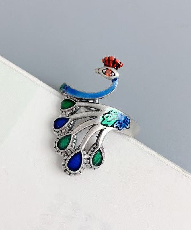 Chinese Style Blue Sterling Silver Cloisonne Ename Peacock Rings