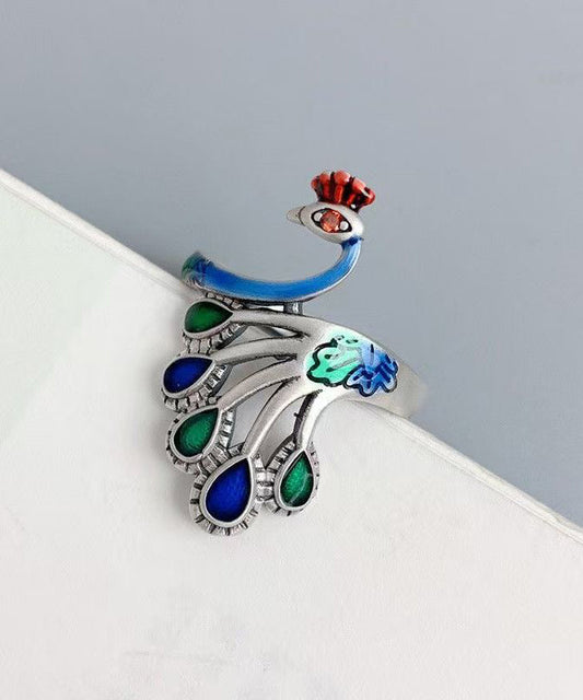 Chinese Style Blue Sterling Silver Cloisonne Ename Peacock Rings