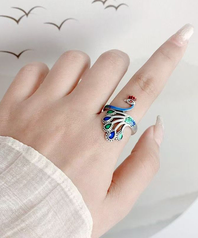 Chinese Style Blue Sterling Silver Cloisonne Ename Peacock Rings