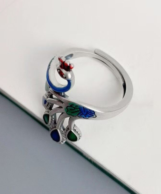 Chinese Style Blue Sterling Silver Cloisonne Ename Peacock Rings