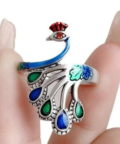 Chinese Style Blue Sterling Silver Cloisonne Ename Peacock Rings