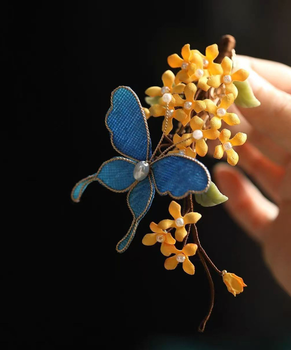 Chinese Style Blue Sterling Silver Overgild Butterfly Osmanthus Hairpin