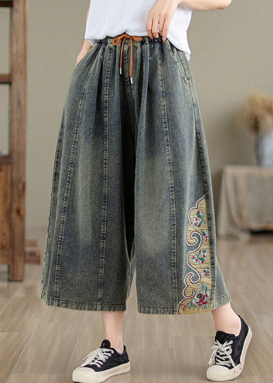 Chinese Style Blue Tie Waist Patchwork Crop Jeans