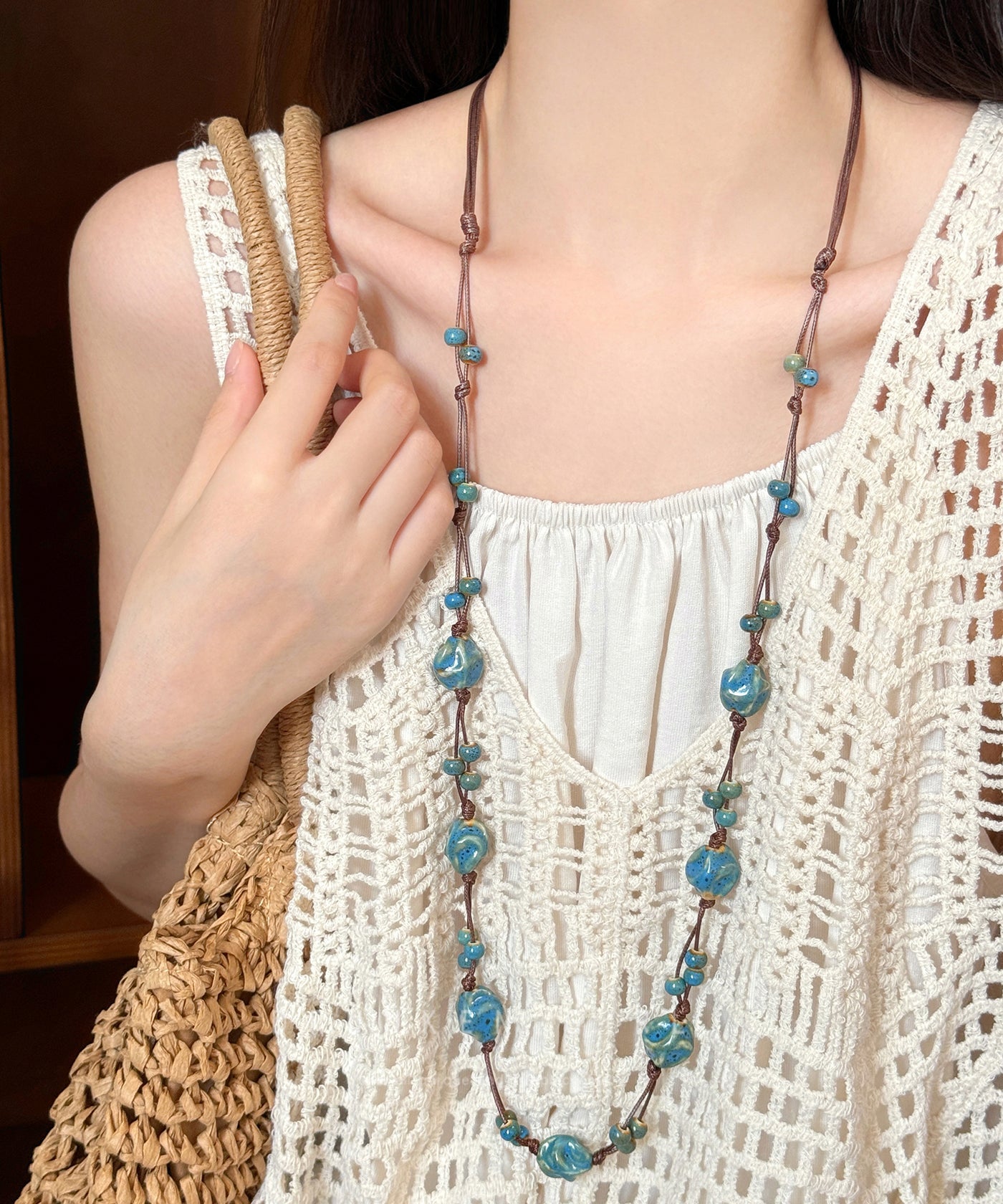 Chinese Style Blue Weave Asymmetrical Ceramics Beading Sweater Lariat Necklace