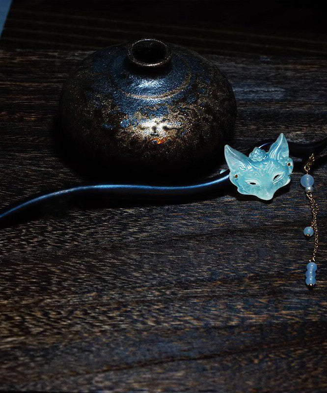 Chinese Style Blue Wooden Fox Mask Tassel Hairpin
