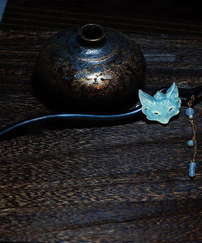 Chinese Style Blue Wooden Fox Mask Tassel Hairpin
