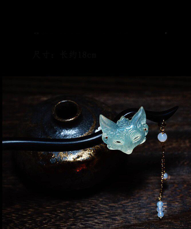 Chinese Style Blue Wooden Fox Mask Tassel Hairpin