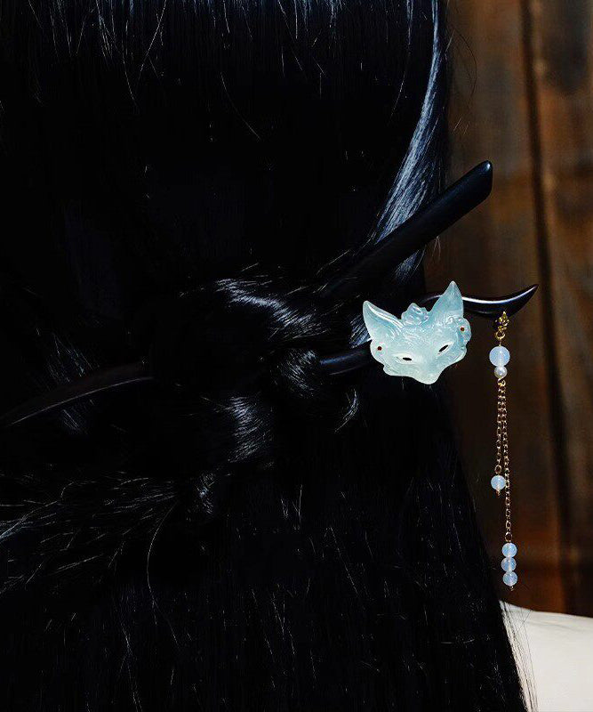 Chinese Style Blue Wooden Fox Mask Tassel Hairpin