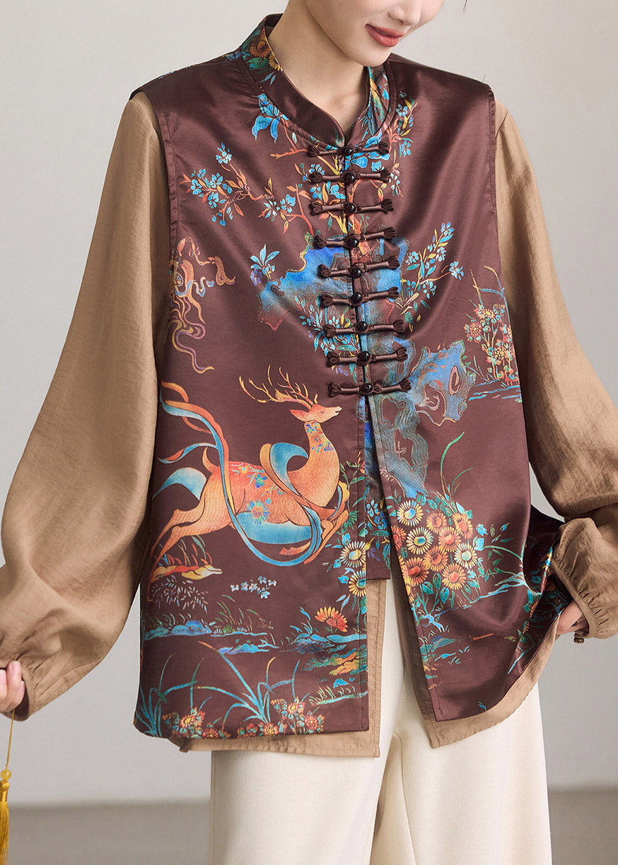 Chinese Style Brown Print Button Waistcoat Sleeveless