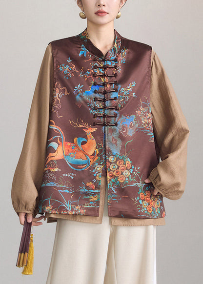 Chinese Style Brown Print Button Waistcoat Sleeveless
