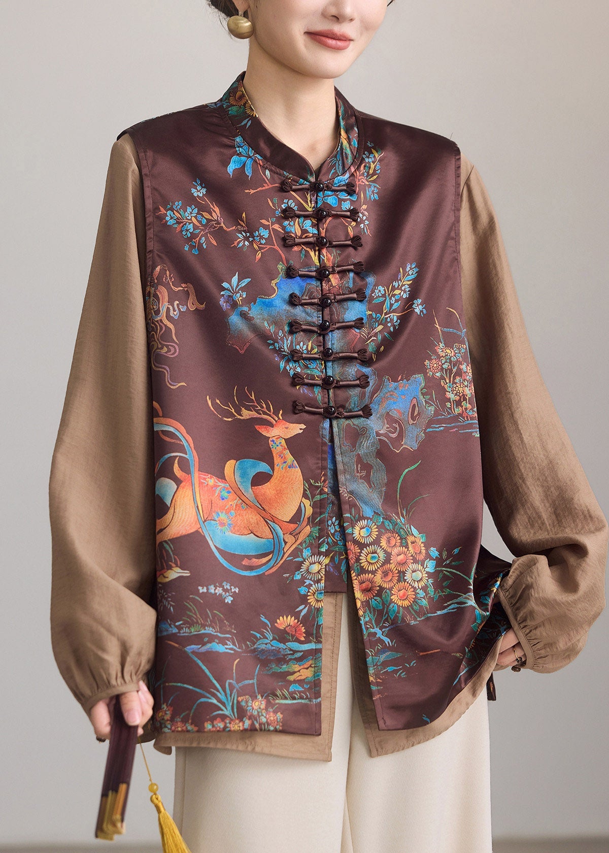 Chinese Style Brown Print Button Waistcoat Sleeveless