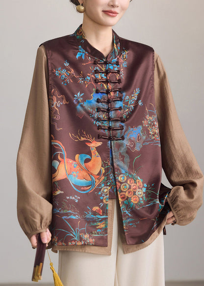Chinese Style Brown Print Button Waistcoat Sleeveless