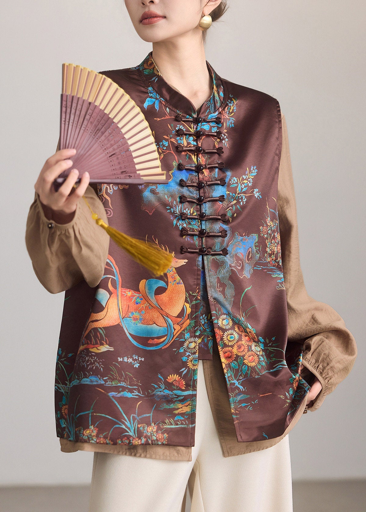 Chinese Style Brown Print Button Waistcoat Sleeveless