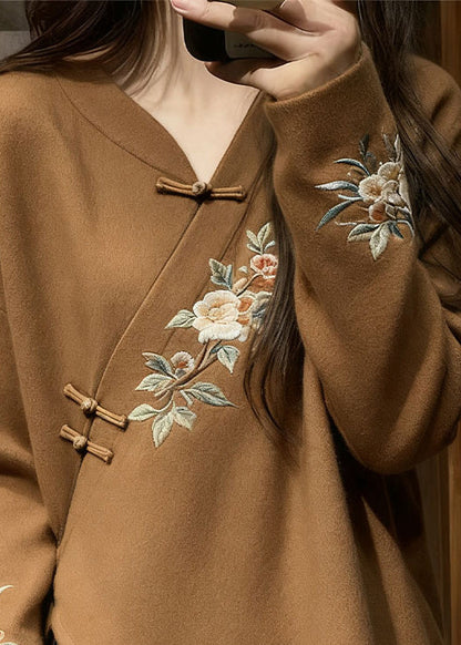 Chinese Style Brown V Neck Floral Knit Sweater Spring