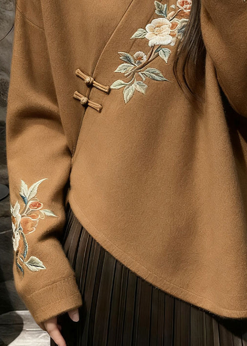 Chinese Style Brown V Neck Floral Knit Sweater Spring