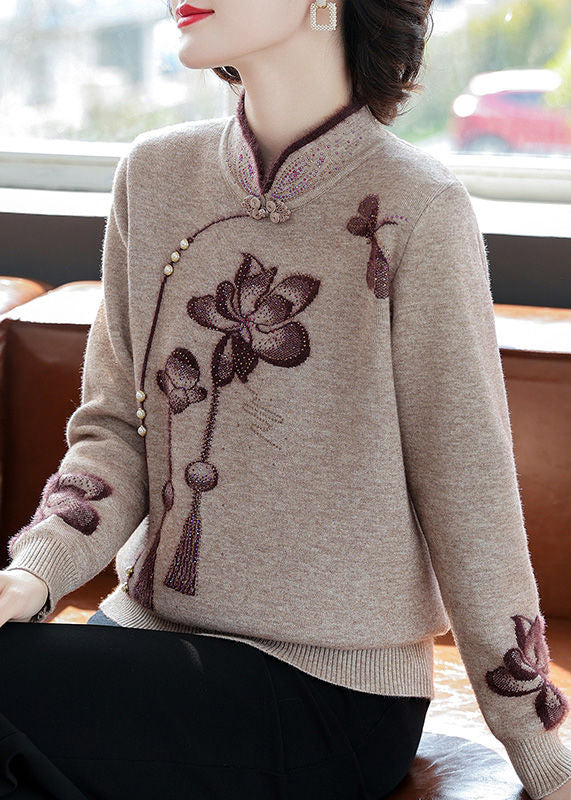 Chinese Style Camel Stand Collar Zircon Warm Fleece Sweater Winter
