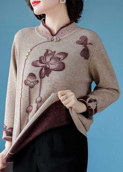 Chinese Style Camel Stand Collar Zircon Warm Fleece Sweater Winter