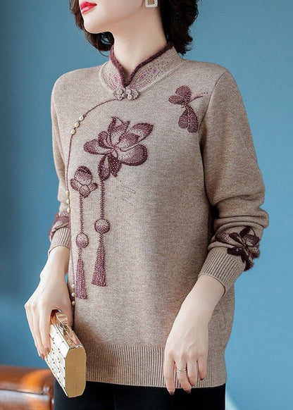 Chinese Style Camel Stand Collar Zircon Warm Fleece Sweater Winter