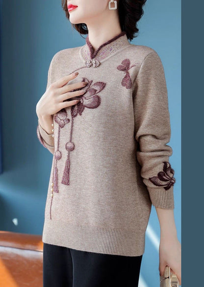 Chinese Style Camel Stand Collar Zircon Warm Fleece Sweater Winter