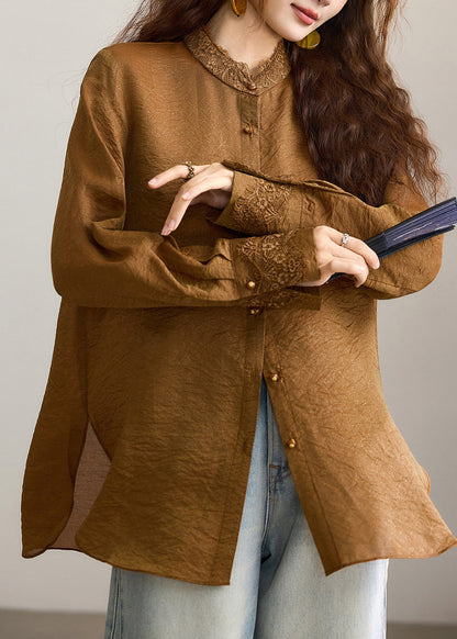 Chinese Style Caramel Brown Stand Collar Lace Shirt Tops Fall