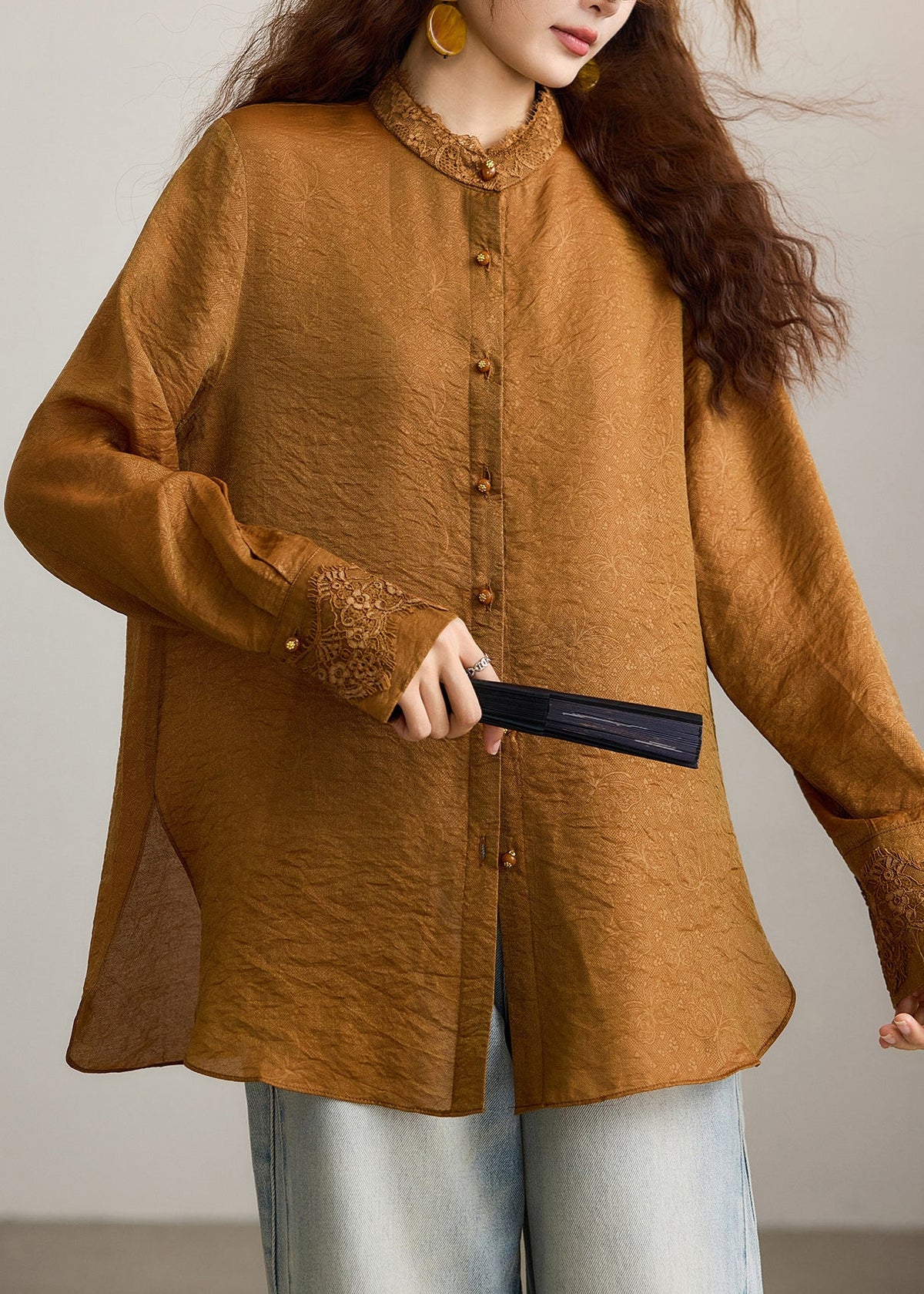 Chinese Style Caramel Brown Stand Collar Lace Shirt Tops Fall