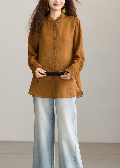Chinese Style Caramel Brown Stand Collar Lace Shirt Tops Fall