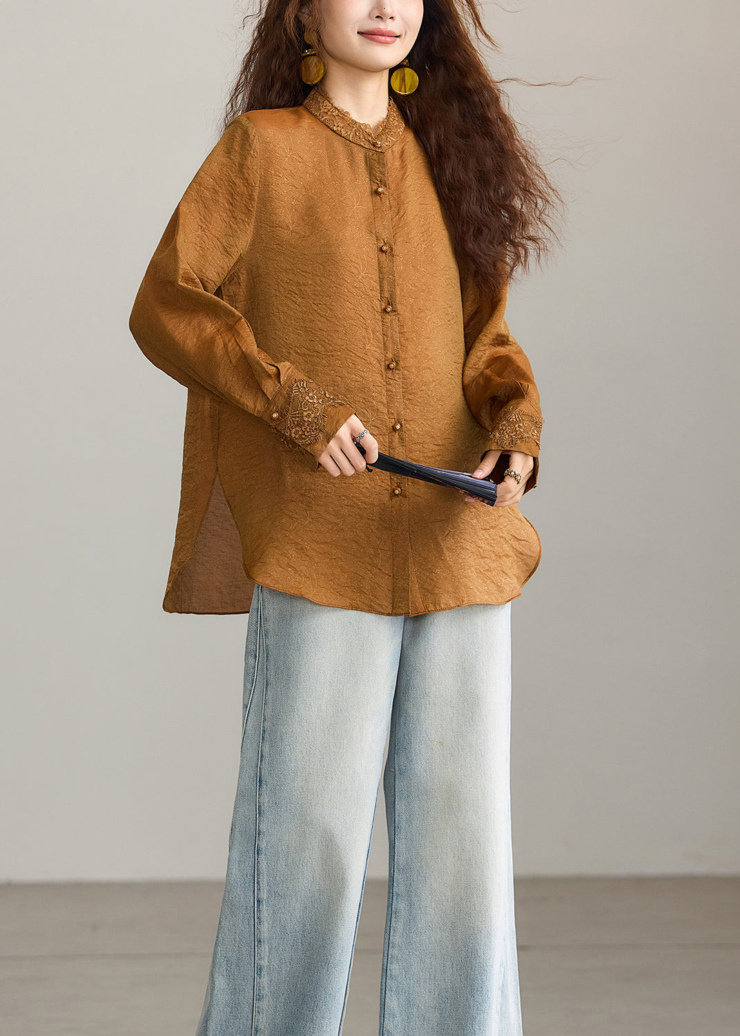 Chinese Style Caramel Brown Stand Collar Lace Shirt Tops Fall