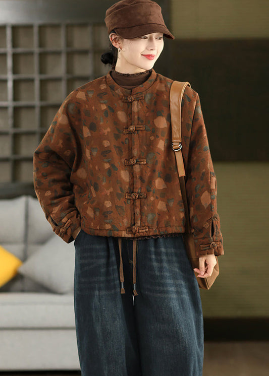 Chinese Style Caramel Orange Frog Button Print Cotton Filled Jacket Winter