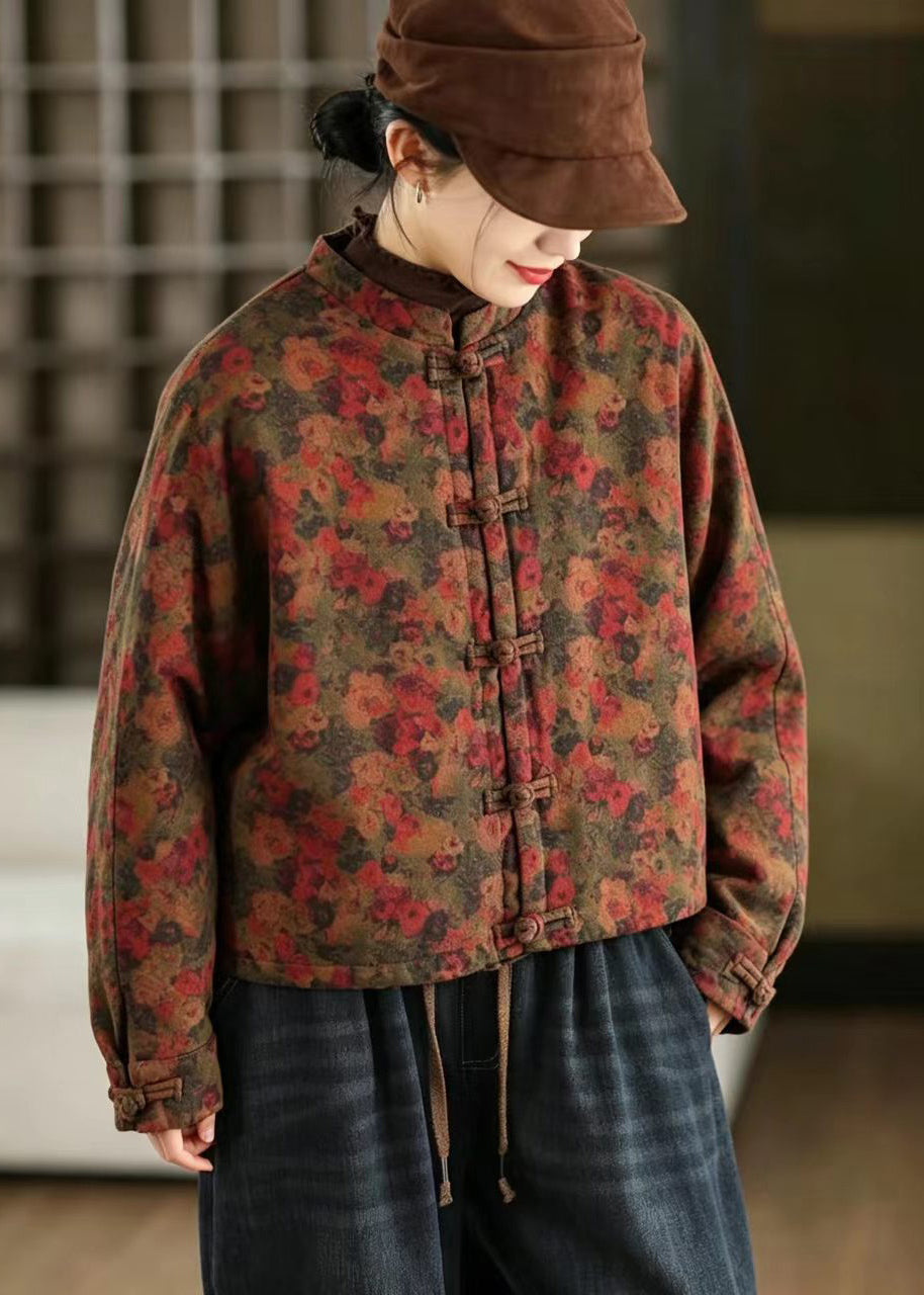 Chinese Style Caramel Orange Frog Button Print Cotton Filled Jacket Winter