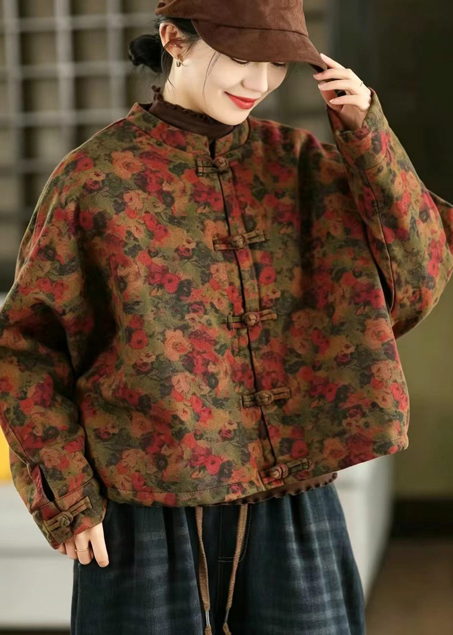 Chinese Style Caramel Orange Frog Button Print Cotton Filled Jacket Winter