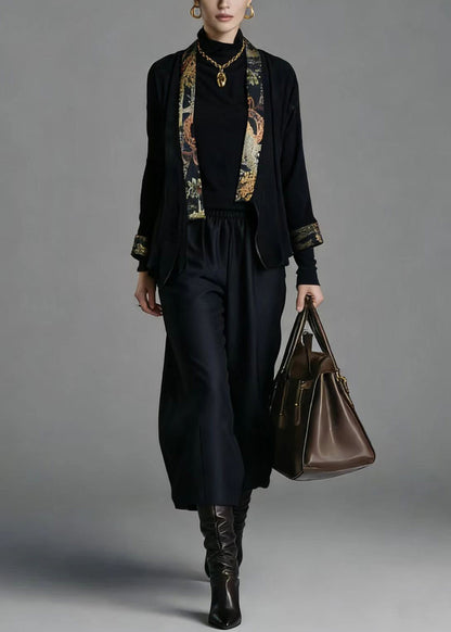 Chinese Style Cardigans And Wide Leg Pants Silk Two Pieces Set Spring