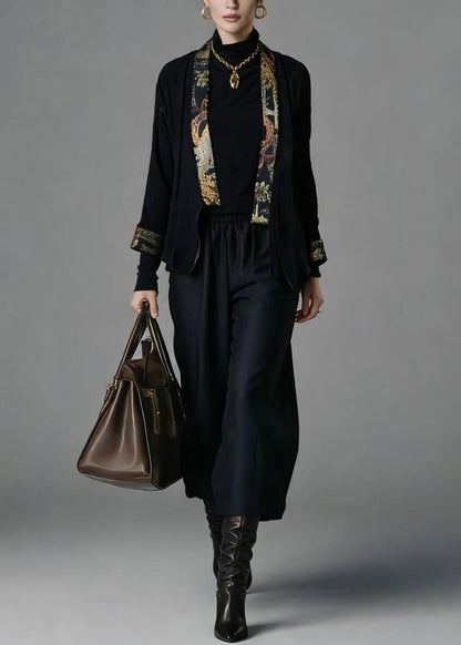 Chinese Style Cardigans And Wide Leg Pants Silk Two Pieces Set Spring