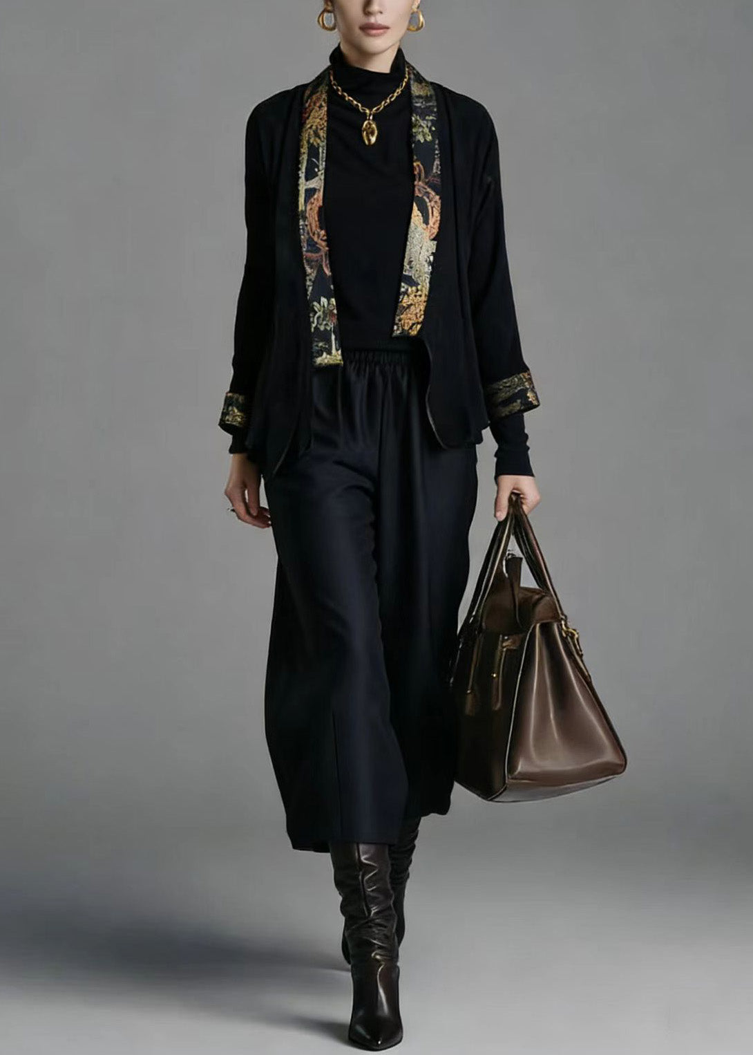 Chinese Style Cardigans And Wide Leg Pants Silk Two Pieces Set Spring