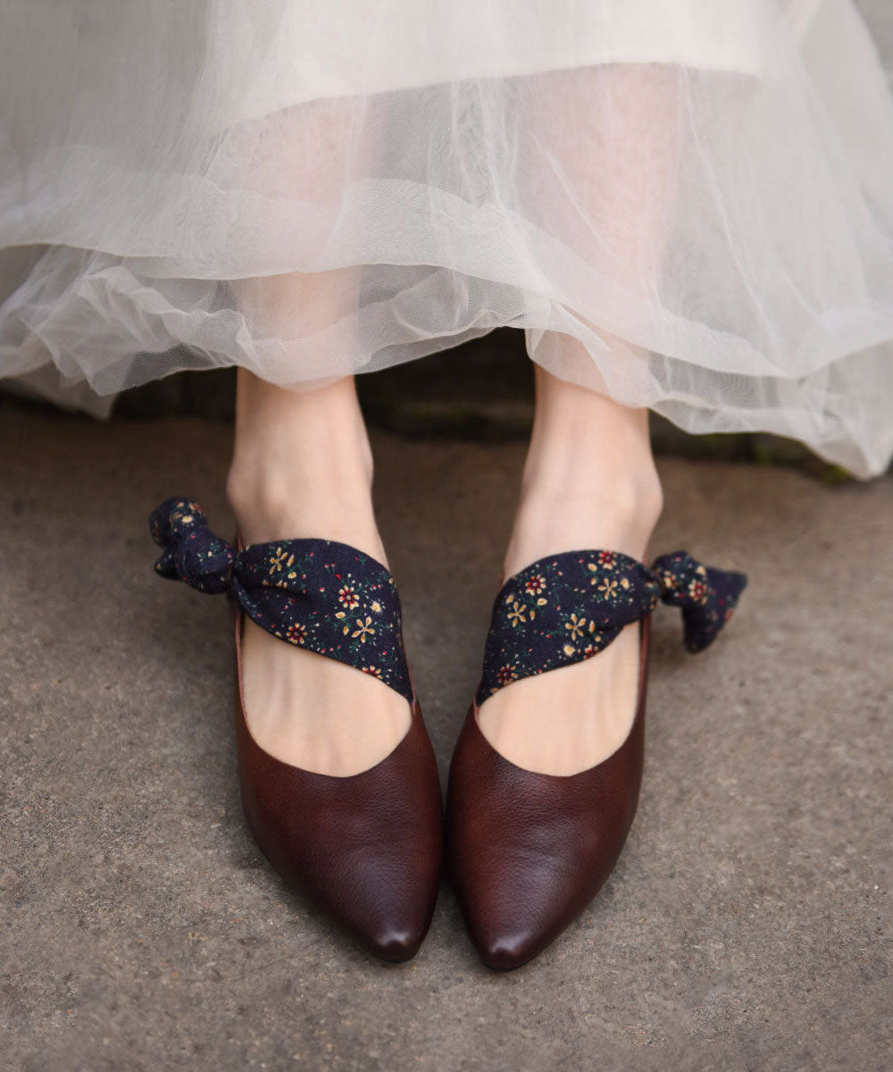 Chinese Style Coffee Bow Cowhide Leather Flats Shoes Pointed Toe