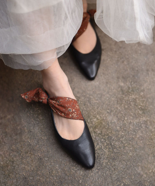 Chinese Style Coffee Bow Cowhide Leather Flats Shoes Pointed Toe