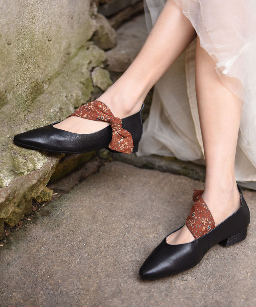 Chinese Style Coffee Bow Cowhide Leather Flats Shoes Pointed Toe