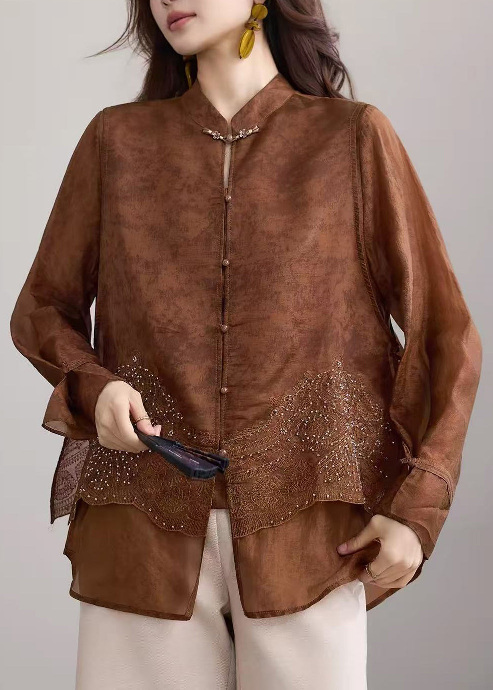 Chinese Style Coffee Brown Stand Collar Nail Bead Embroidered Fake Two Piece Blouses Fall