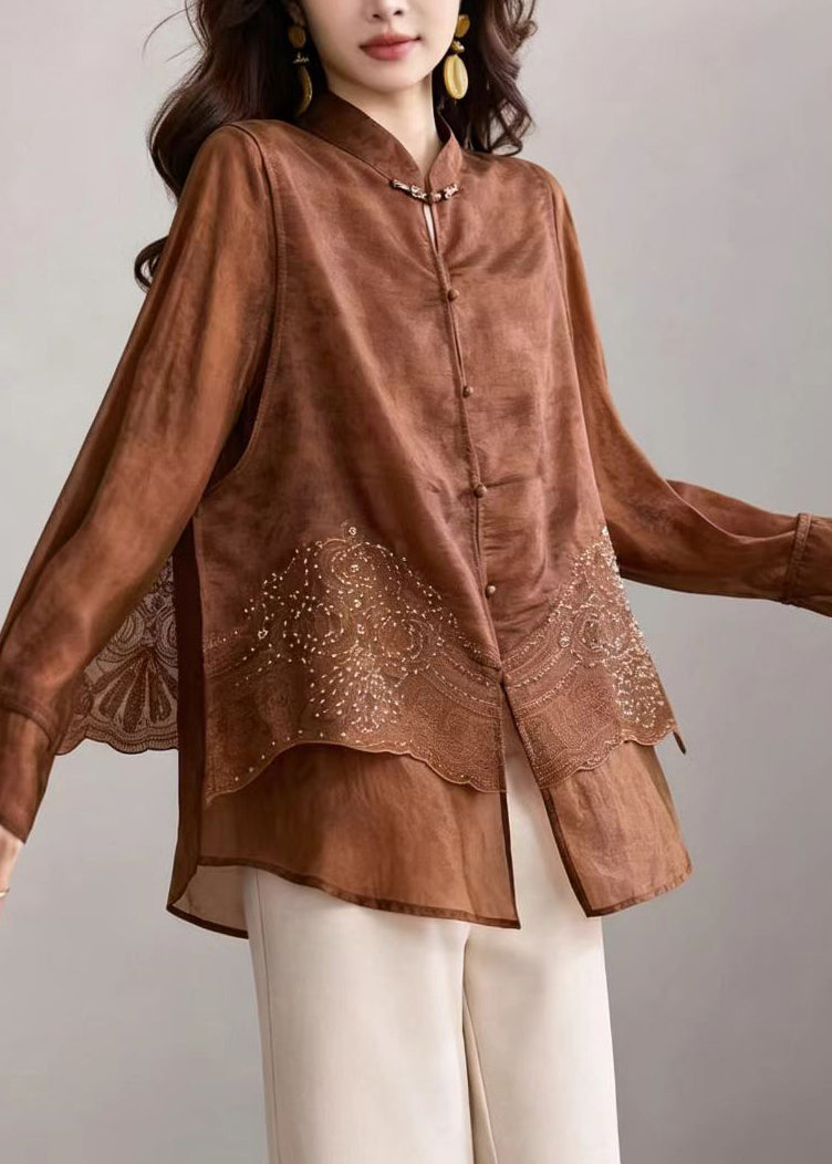 Chinese Style Coffee Brown Stand Collar Nail Bead Embroidered Fake Two Piece Blouses Fall