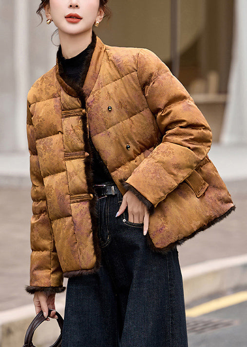 Chinese Style Coffee Jacquard Mink Fur Patchwork Oriental Button Duck Down Jacket Winter