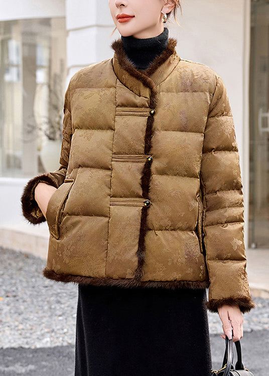 Chinese Style Coffee Jacquard Mink Fur Patchwork Oriental Button Duck Down Jacket Winter