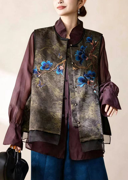 Chinese Style Coffee Jacquard O-Neck Embroideried Waistcoat Sleeveless